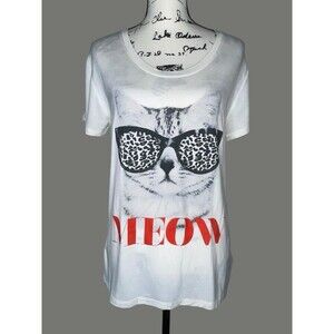 Forever 21 Rayon Cat Print Meow T Shirt Womens LG Cream Short Sleeve Graphic Tee